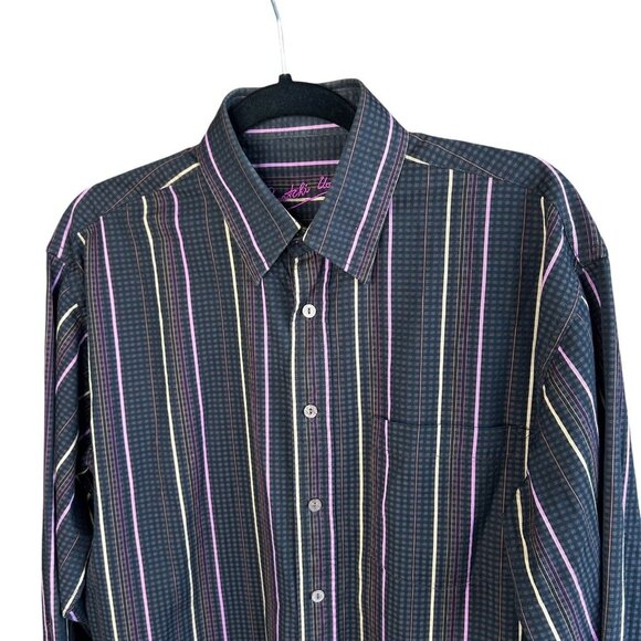 Bugatchi Uomo Men's Vintage Purple Black Striped Button Front Long Sleeve Shirt - Picture 1 of 10